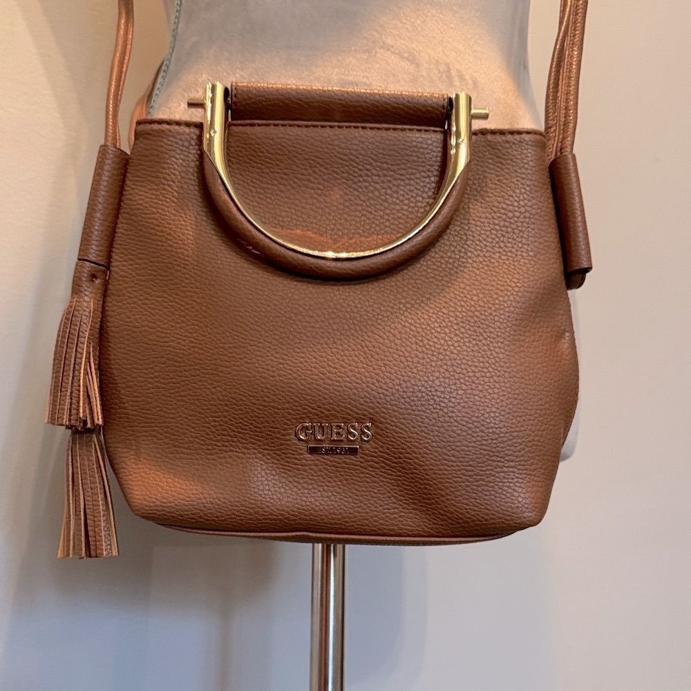 Guess Tan Pebbled Leather Crossbody with Gold Handle
